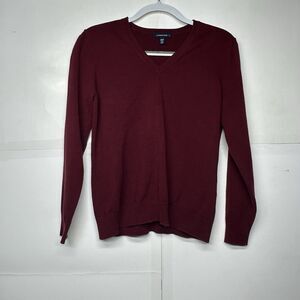 Lands’ End Women’s Petite Medium Burgundy V-Neck Sweater Long Sleeve